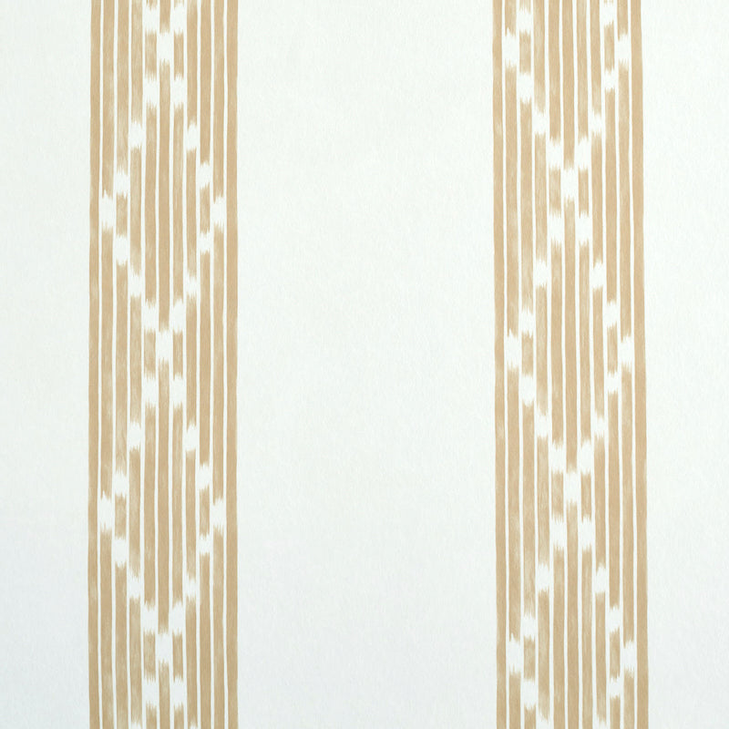 Two cream-beige vertical stripe patterns with diamond lattice motifs on white wallpaper.