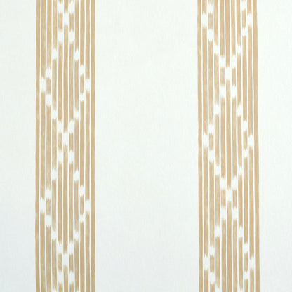 Two cream-beige vertical stripe patterns with diamond lattice motifs on white wallpaper.