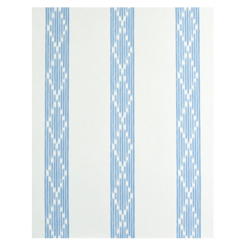 Blue vertical stripes with diamond motifs on white wallcovering; three decorative bands.