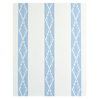 Blue vertical stripes with diamond motifs on white wallcovering; three decorative bands.
