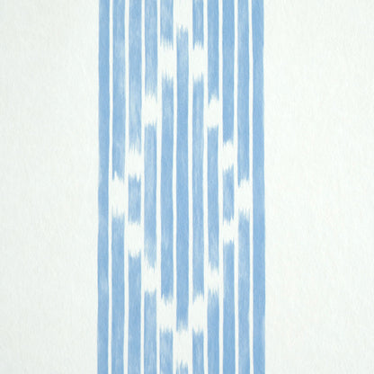 Blue ikat-inspired vertical stripe wallpaper on a light cream background.