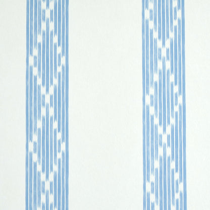 White wallpaper with two vertical blue ikat-style striped bands featuring geometric diamond motifs.