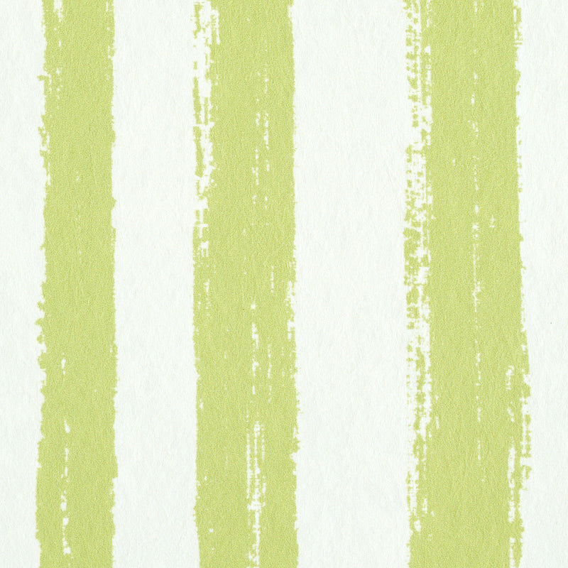 Vertical lime-green brushstroke stripes on white; modern wallcovering pattern.