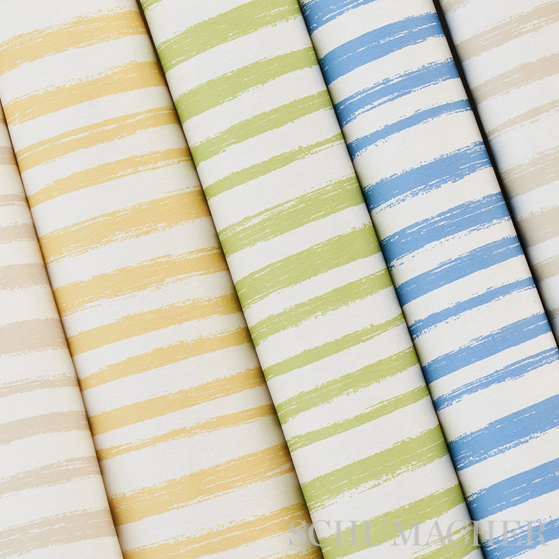 Rolled wallpaper sample in green with sketch-like brush-stroke stripes.