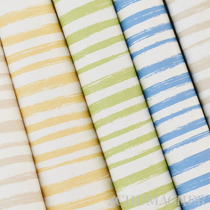 Rolled wallpaper sample in green with sketch-like brush-stroke stripes.