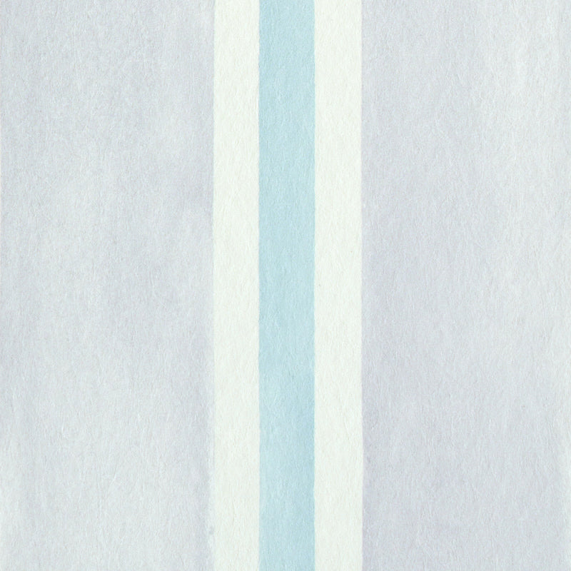 Pastel lavender watercolor stripe wallcovering with a pale blue central stripe flanked by white stripes.