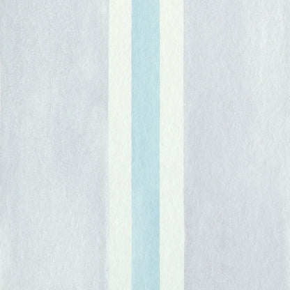 Pastel lavender watercolor stripe wallcovering with a pale blue central stripe flanked by white stripes.