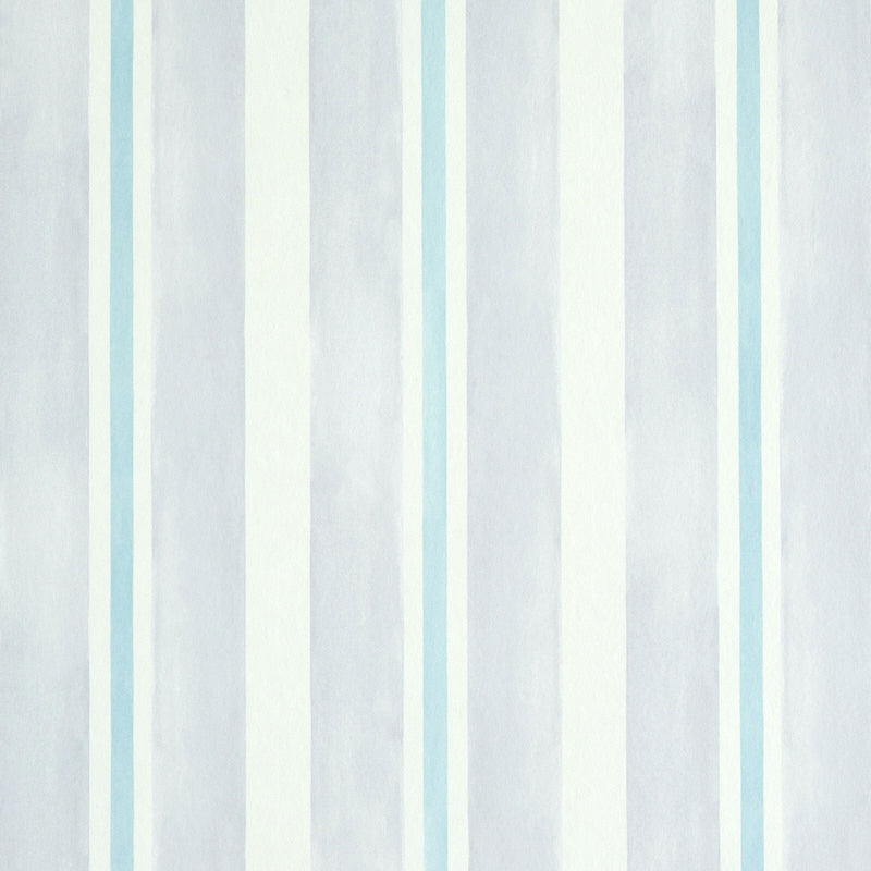 Vertical lavender and white striped wallpaper with alternating wide and narrow stripes, soft matte finish.