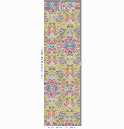 Long rectangular swatch with pastel pink, blue and yellow dragon pattern; wallpaper/fabric sample for walls.