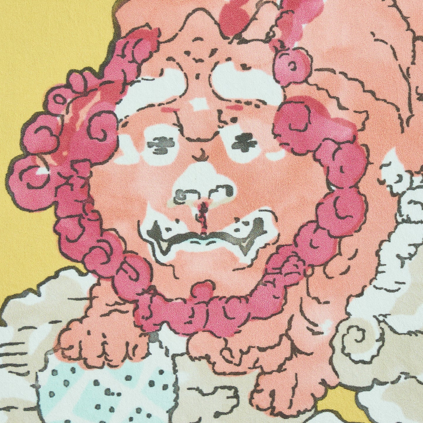 Pop-art cartoon of a pink plush dragon wearing a chunky pink bead necklace on a yellow background.