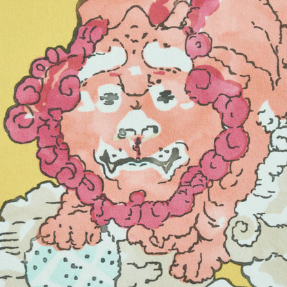 Pop-art cartoon of a pink plush dragon wearing a chunky pink bead necklace on a yellow background.
