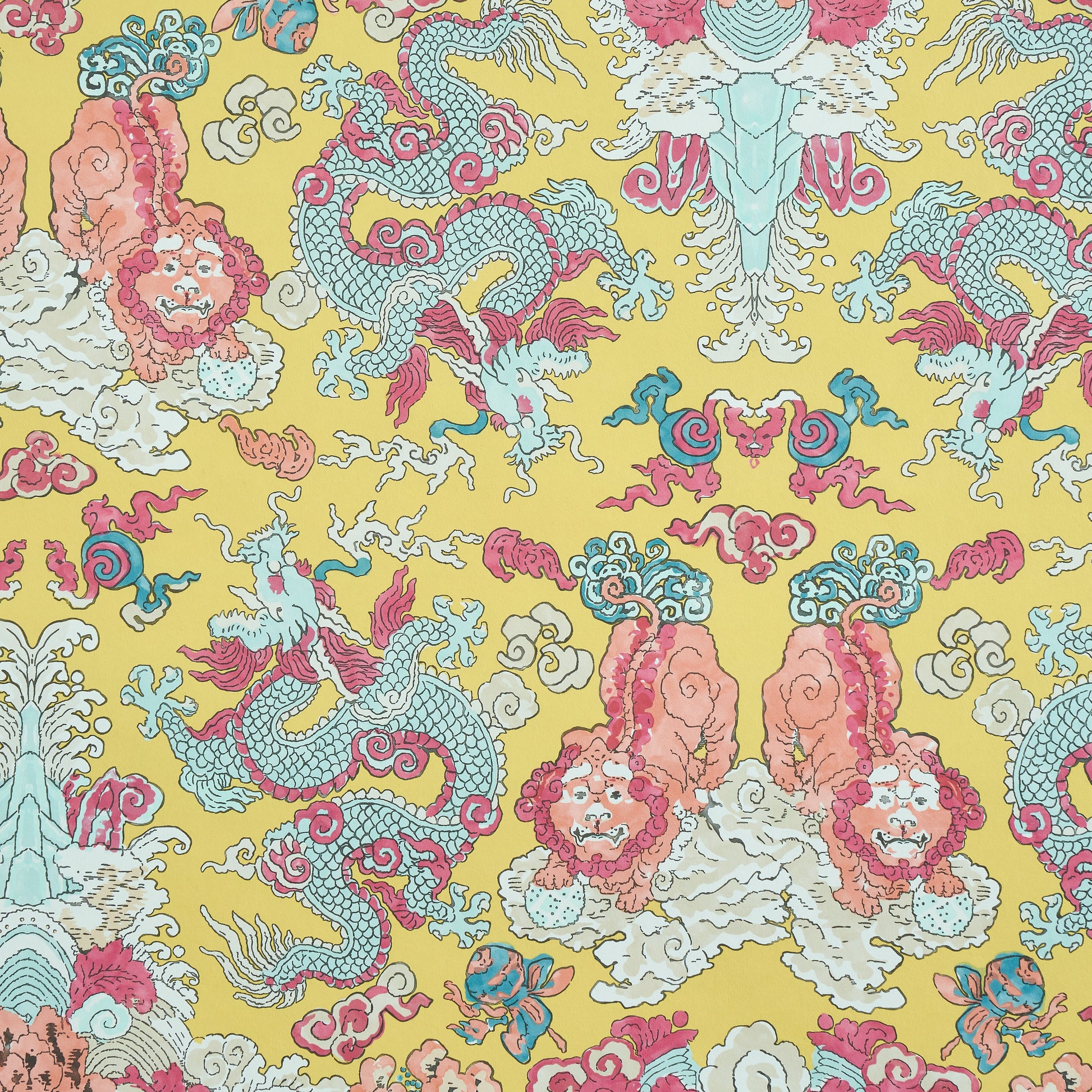 Yellow fabric with intricate blue, pink, and teal dragon motifs weaving among white clouds and swirls.