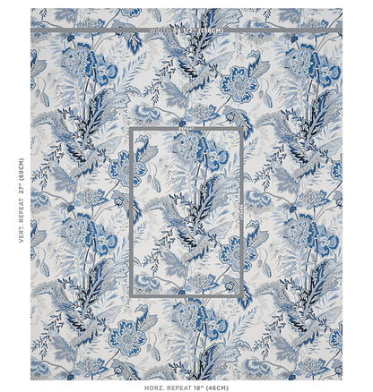 Indigo blue vine wallpaper on white background; repeating vine motif for walls.