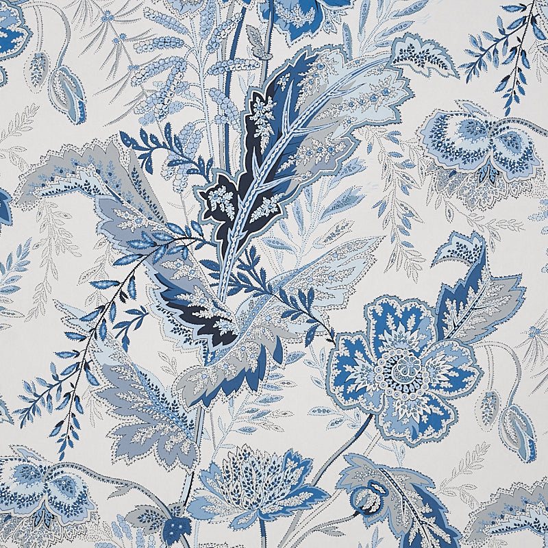 Blue floral pattern with intricate leaves and petals on white background; decorative textile design.