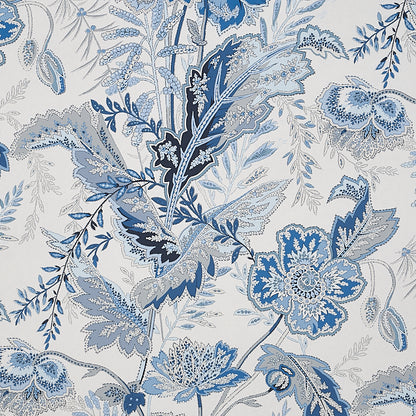 Blue floral pattern with intricate leaves and petals on white background; decorative textile design.