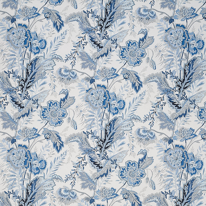 Blue and white damask floral pattern wallpaper with blossoms and leafy vines on a light background.