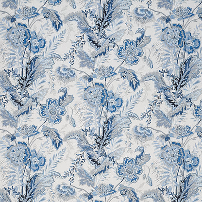 Blue and white damask floral pattern wallpaper with blossoms and leafy vines on a light background.