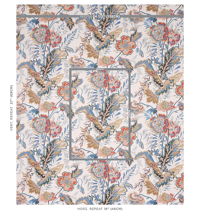Floral wallpaper with blue, brown and orange flowers and leaves on a beige background; repeating pattern with centered frame.