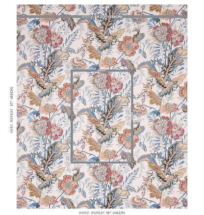 Floral wallpaper with blue, brown and orange flowers and leaves on a beige background; repeating pattern with centered frame.