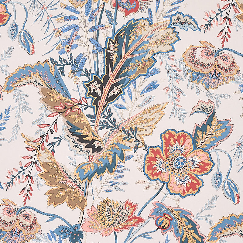 Intricate floral paisley pattern in blue, gold, and red on cream wallpaper; elaborate leaves and blossoms.