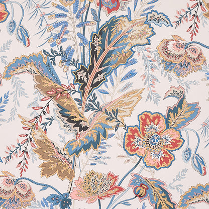 Intricate floral paisley pattern in blue, gold, and red on cream wallpaper; elaborate leaves and blossoms.