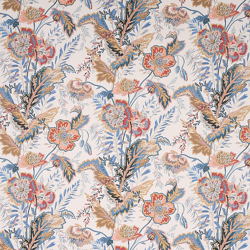 Botanical floral pattern with blue, red and beige flowers and leaves on a light cream background.