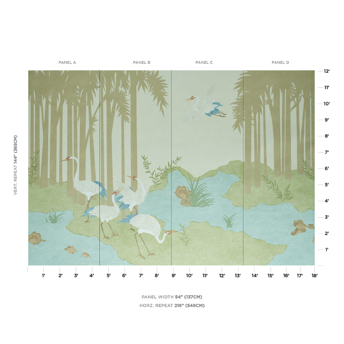 Four-panel tropical wall mural with flamingos in a palm-fringed swamp, pastel greens and blues across four panels.