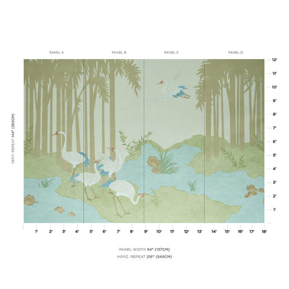 Four-panel tropical wall mural with flamingos in a palm-fringed swamp, pastel greens and blues across four panels.
