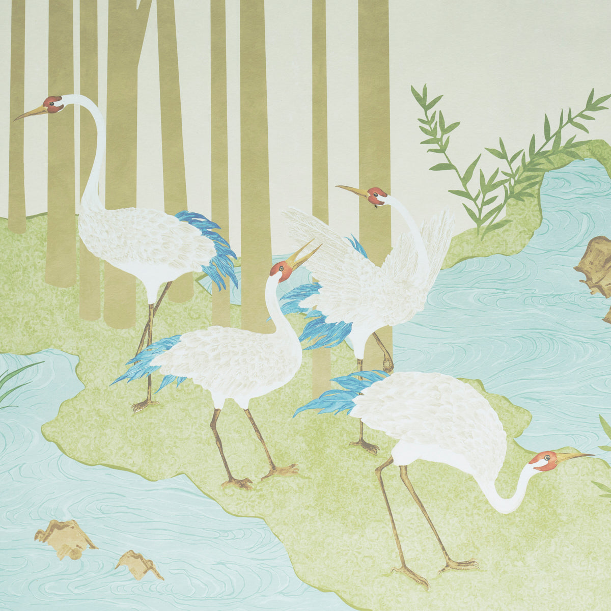 Pastel illustration of white cranes with blue-tipped wings on a green island beside pale blue water, reeds in the background.