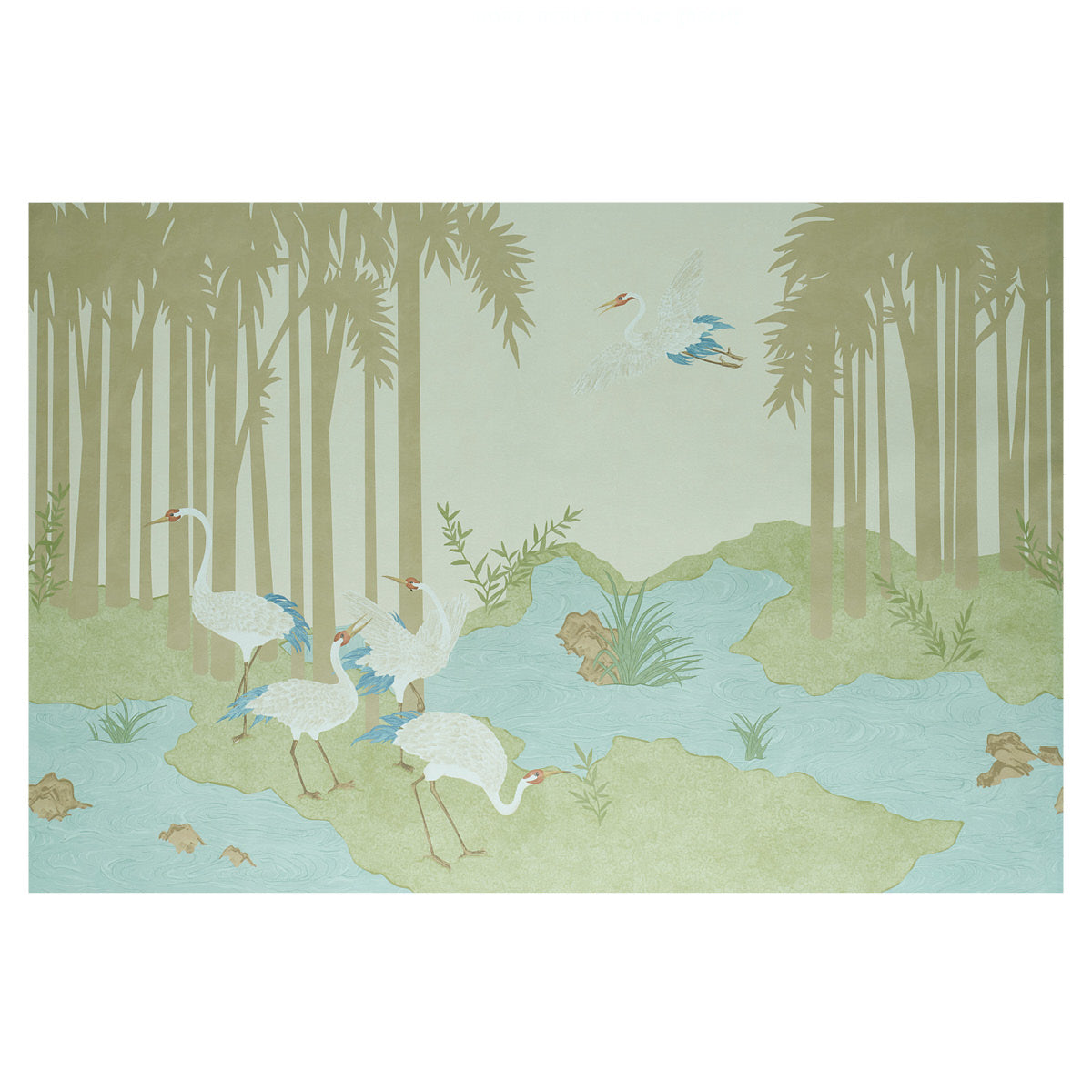 Pastel painting of a marsh with white cranes by a pale blue pond, tall bamboo-like trees framing the scene.