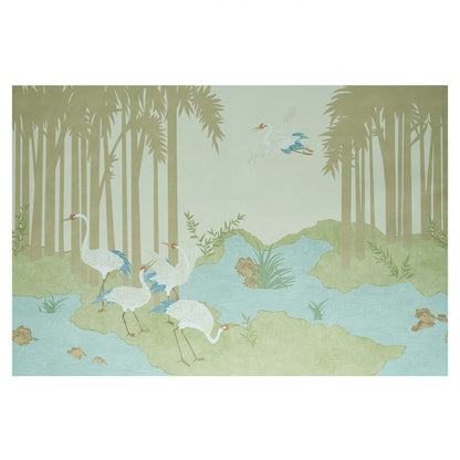 Pastel painting of a marsh with white cranes by a pale blue pond, tall bamboo-like trees framing the scene.