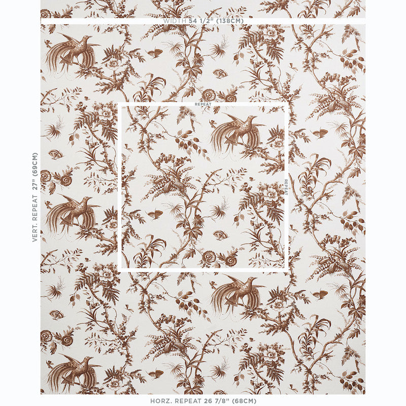 Cream wallpaper with brown toile-style botanical and bird motifs; repeating pattern for walls.