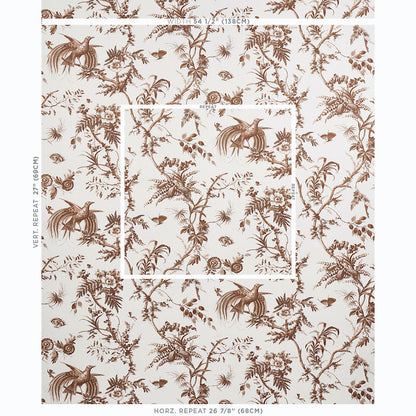 Cream wallpaper with brown toile-style botanical and bird motifs; repeating pattern for walls.