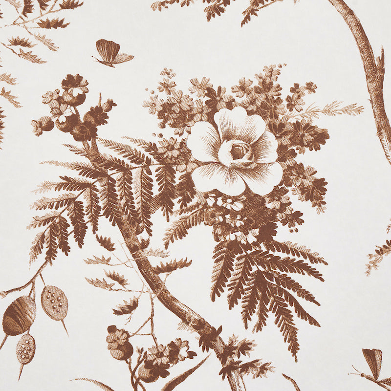 Brown botanical toile pattern featuring ferns & a large central flower on a cream background.