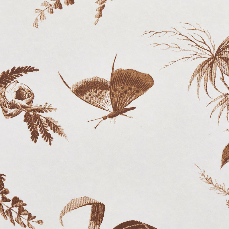 Sepia butterfly with botanical foliage on cream background; vintage-style wallpaper & fabric pattern.