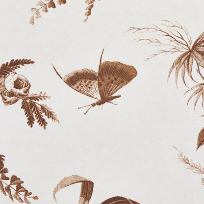 Sepia butterfly with botanical foliage on cream background; vintage-style wallpaper & fabric pattern.