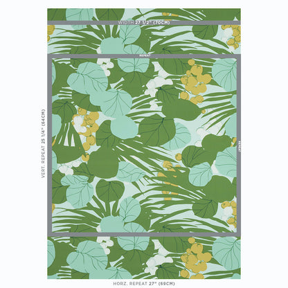 Tropical leaf print fabric in greens & seafoam blue with yellow flowers; bold repeating panel design.
