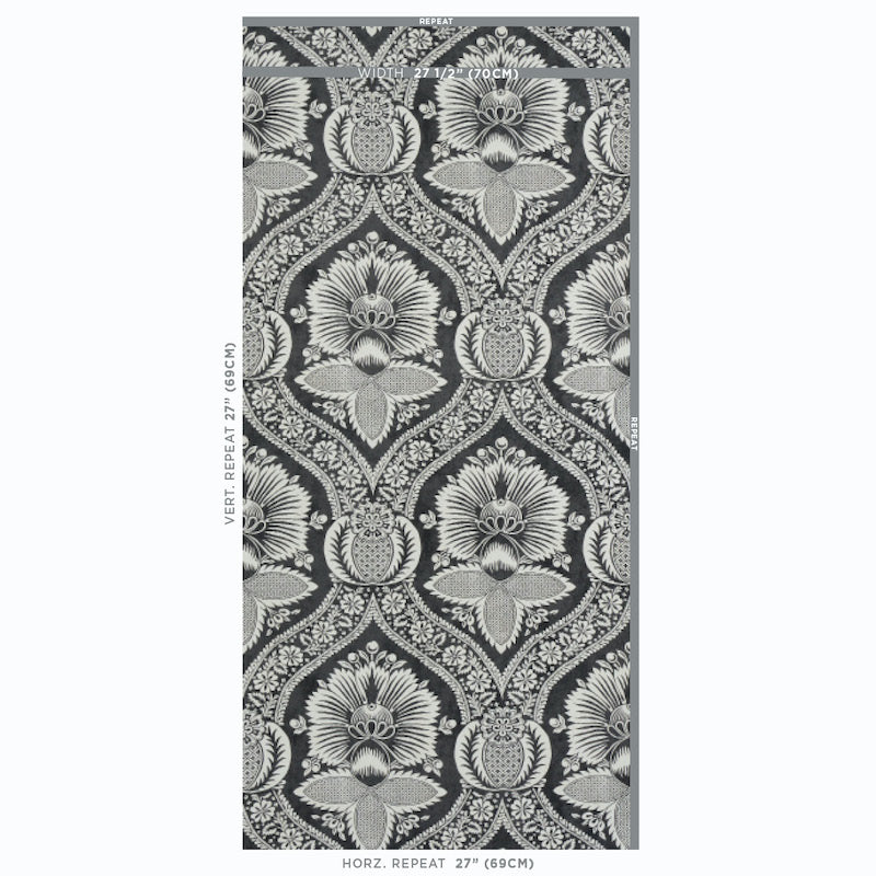 Grey damask floral pattern with ivory motifs in a repeating ornate medallion design; ideal for wallpaper or upholstery.