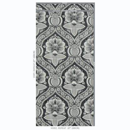 Grey damask floral pattern with ivory motifs in a repeating ornate medallion design; ideal for wallpaper or upholstery.