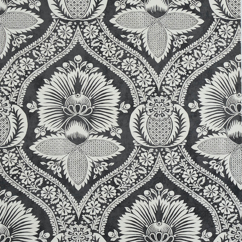 Black and white damask pattern with large floral medallions and scrolling vines; elegant upholstery or wallpaper.
