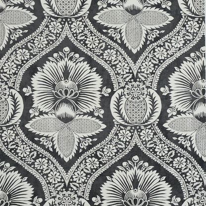 Black and white damask pattern with large floral medallions and scrolling vines; elegant upholstery or wallpaper.