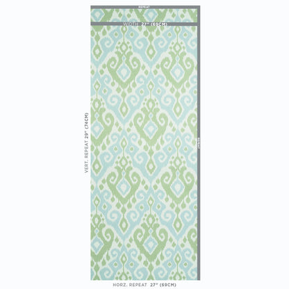 Ikat-inspired blue and sage green geometric pattern on pale background; wallpaper sample with vertical repeat.