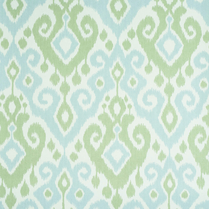 Mint green and pale blue ikat-damask pattern on white; decorative wallpaper or fabric for home décor.