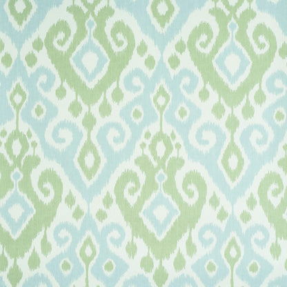 Mint green and pale blue ikat-damask pattern on white; decorative wallpaper or fabric for home décor.