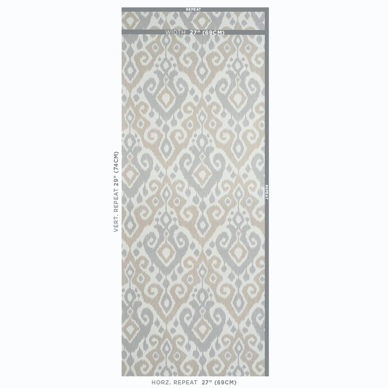 Long rectangular area rug in neutral beige and gray with ikat-inspired geometric pattern.