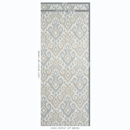 Long rectangular area rug in neutral beige and gray with ikat-inspired geometric pattern.