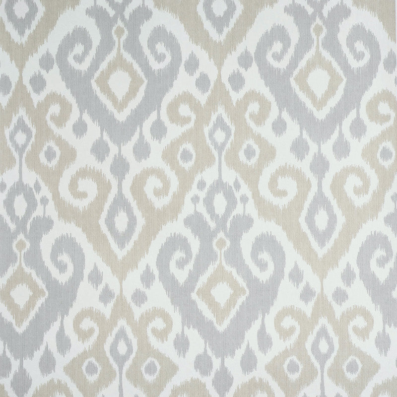 Beige and pale gray damask pattern on woven textile; classic upholstery or drapery fabric.