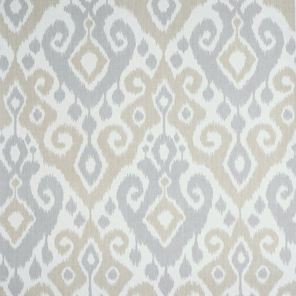 Beige and pale gray damask pattern on woven textile; classic upholstery or drapery fabric.