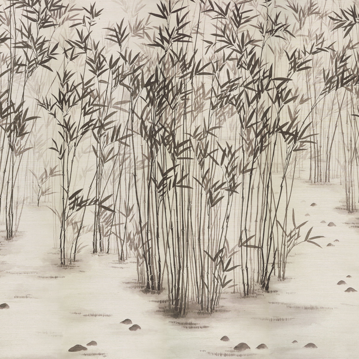 Monochrome illustration of tall reed stalks in a misty marsh, slender stems with sparse leaves and scattered rocks.