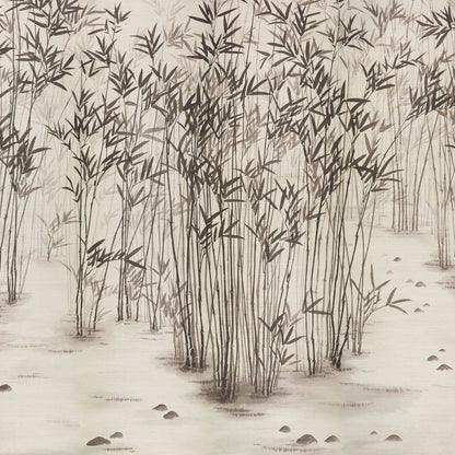 Monochrome illustration of tall reed stalks in a misty marsh, slender stems with sparse leaves and scattered rocks.